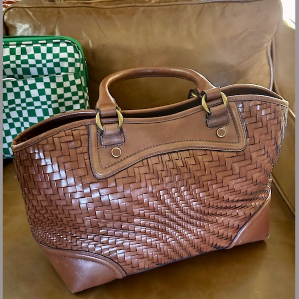 Cole Haan "Genevieve" Woven Leather Satchel HandBag Carryall Tan Purse